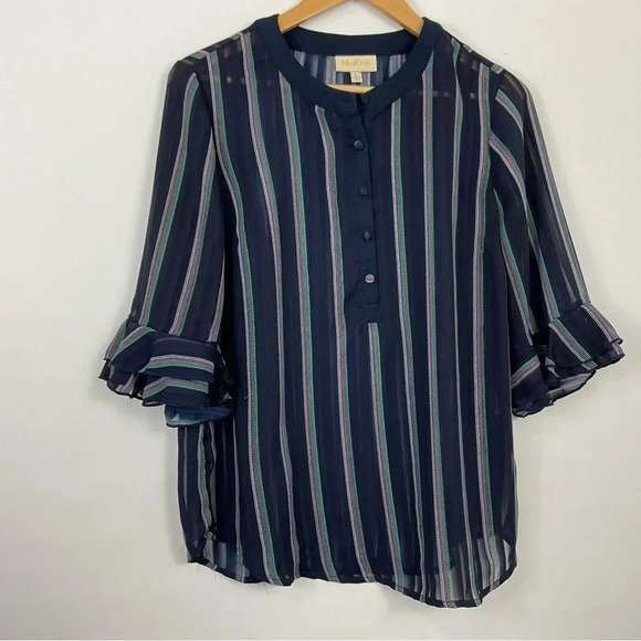 ModCloth Button Down Sheer Striped Ruffle Sleeve Shirt Size Large - Picture 1 of 6